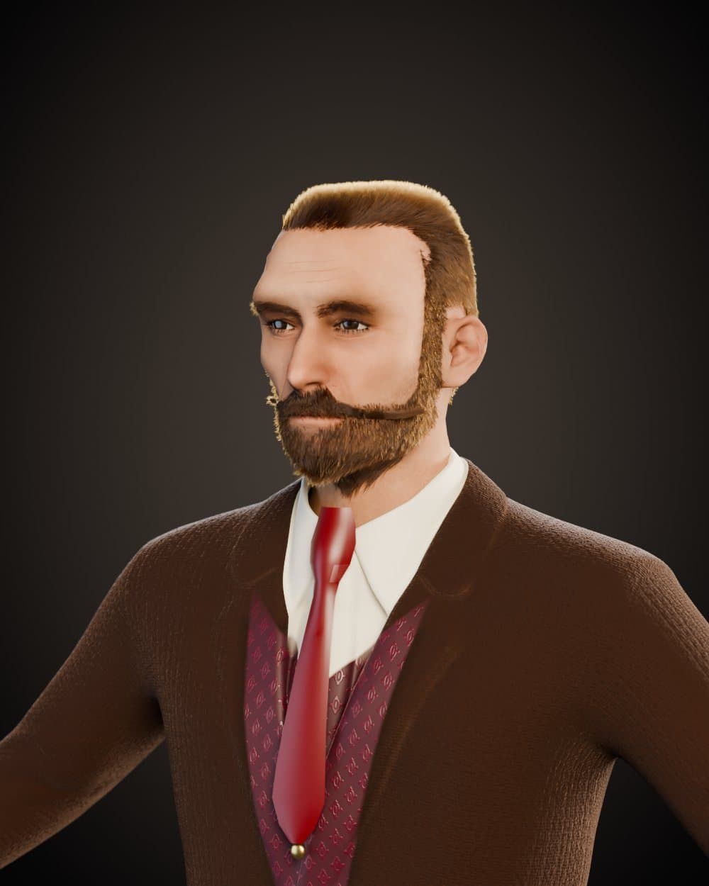 Render of Misirkov from the chest up: beard, waxed moustache, brown frock coat, red tie